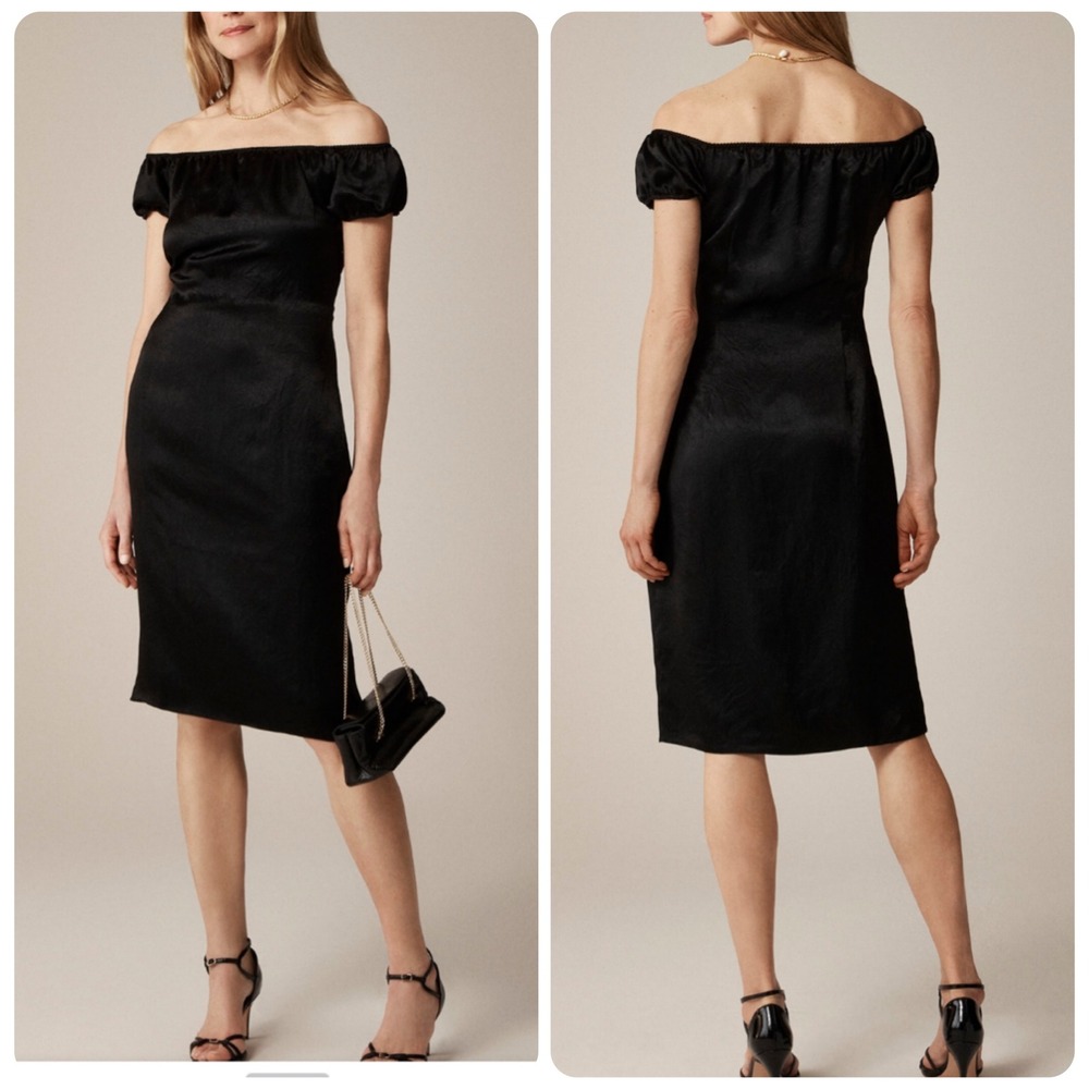 J. Crew Black Sheath Crinkle Satin Off the Shoulder Dress women's size 2 NEW‎